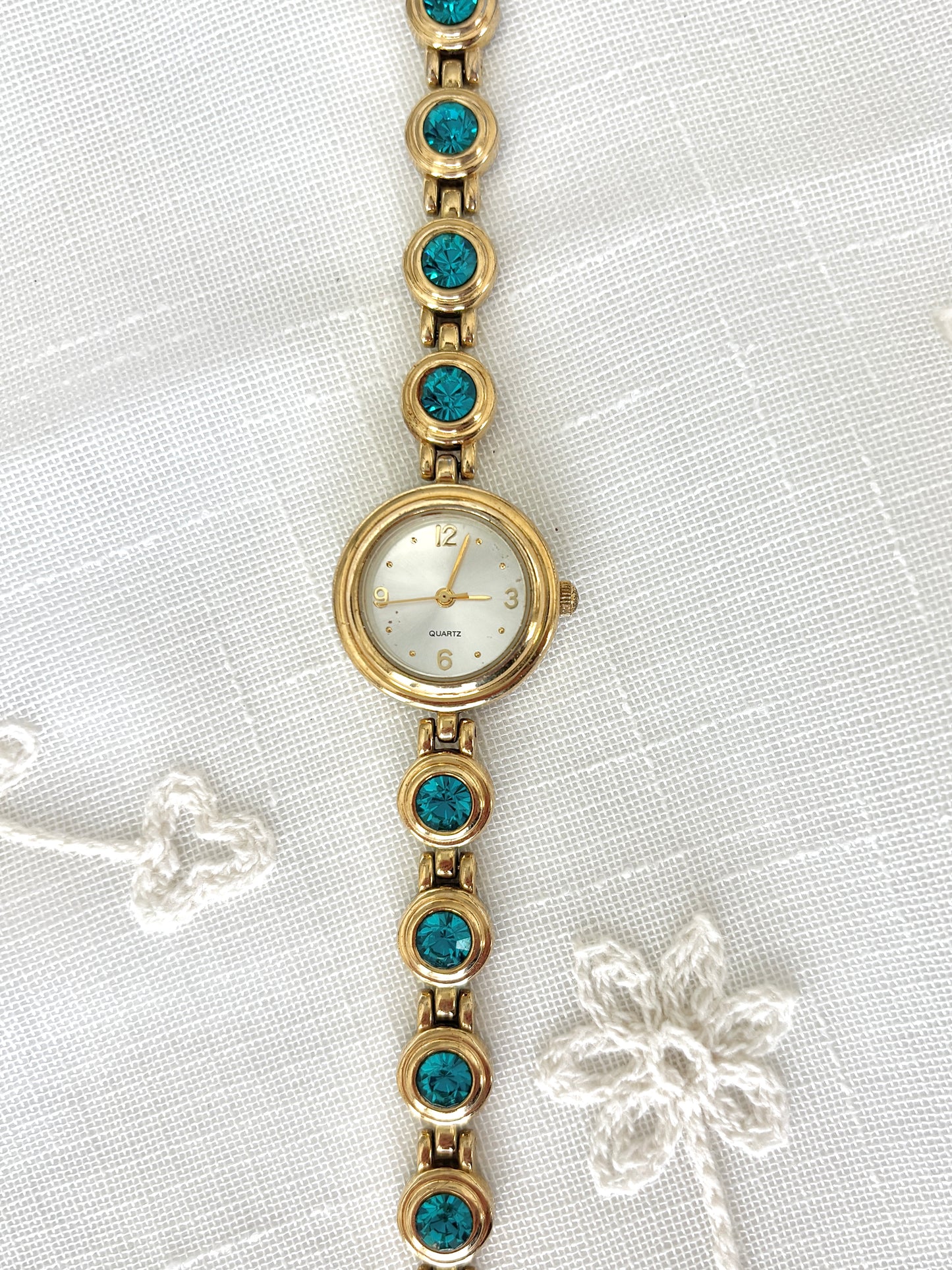 Teal Blue Rhinestone Goldtone Quartz Watch