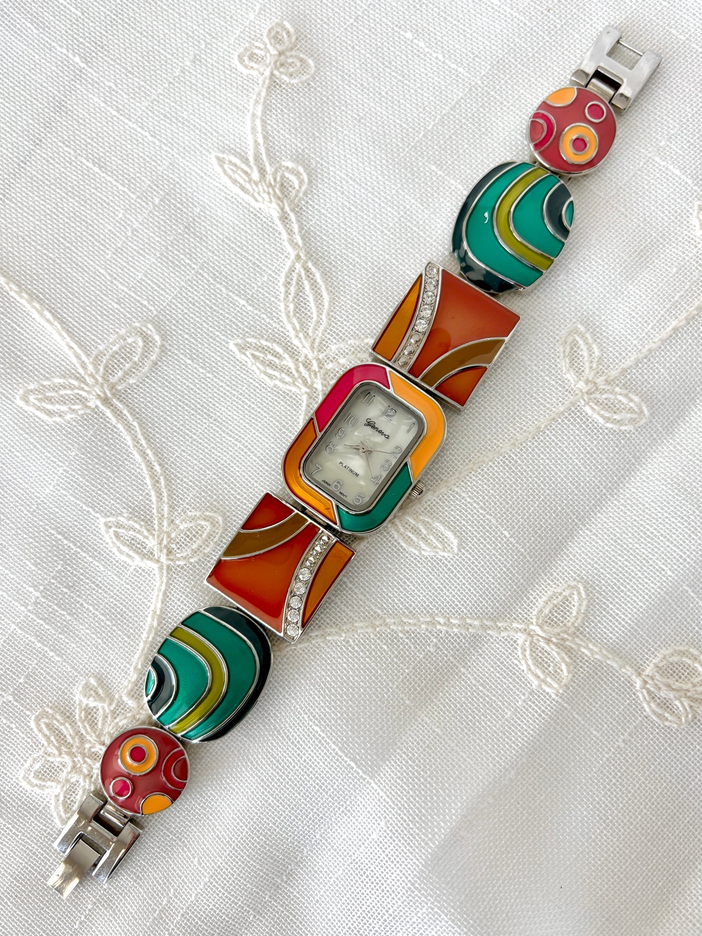 Geneva Colorful Enamel Platinum Watch