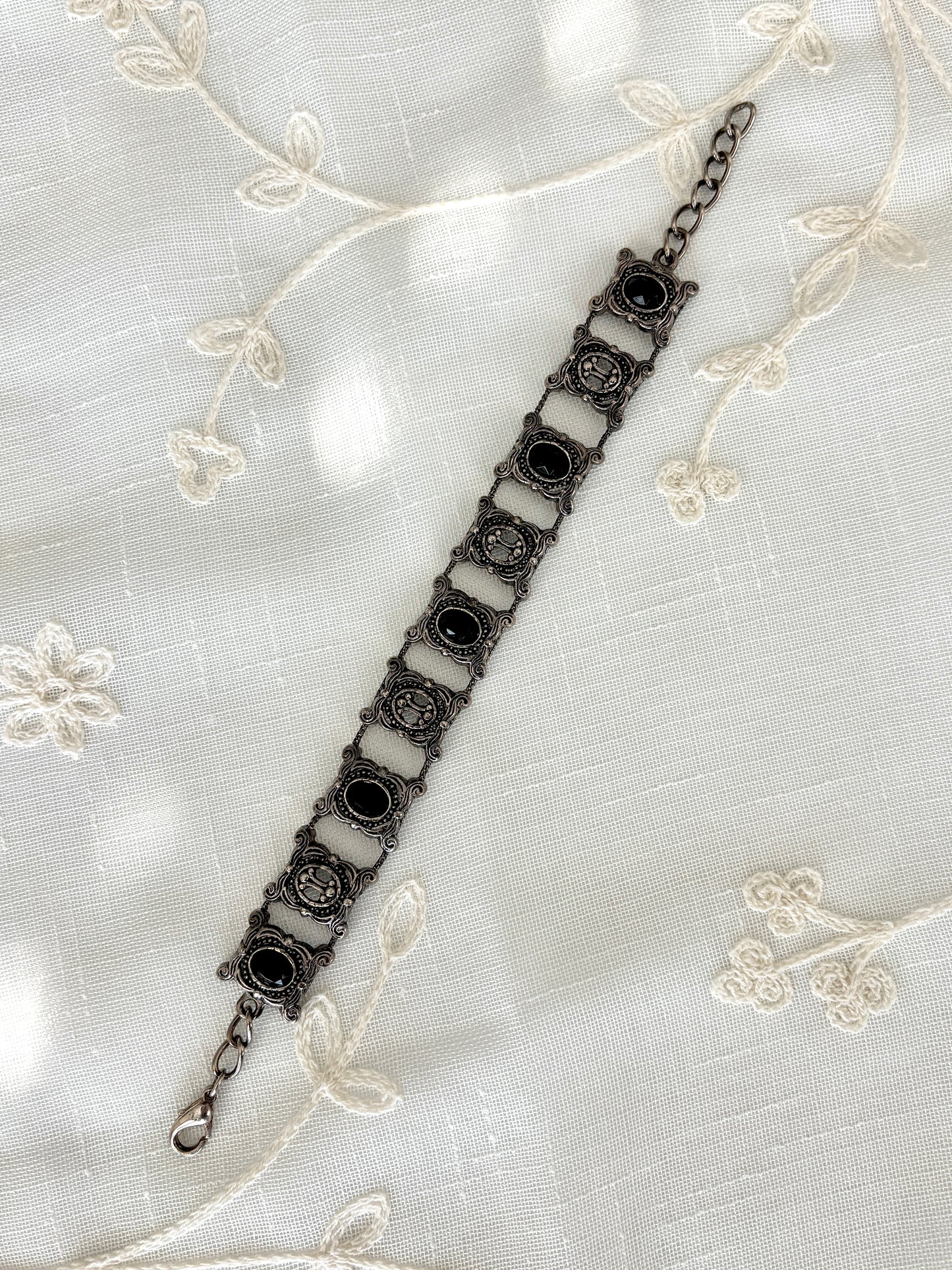 Vintage Black Enamel Silver Tone Ornate Bracelet
