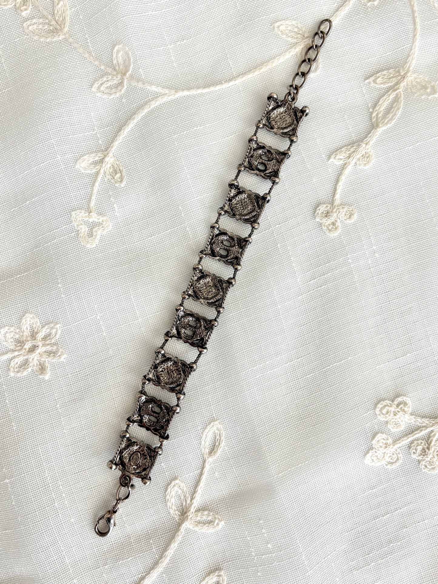 Vintage Black Enamel Silver Tone Ornate Bracelet