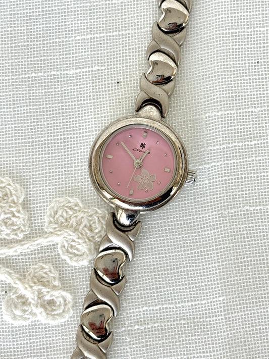 Clove Heart Motif Band Pink Face w/ Flower Accent Watch