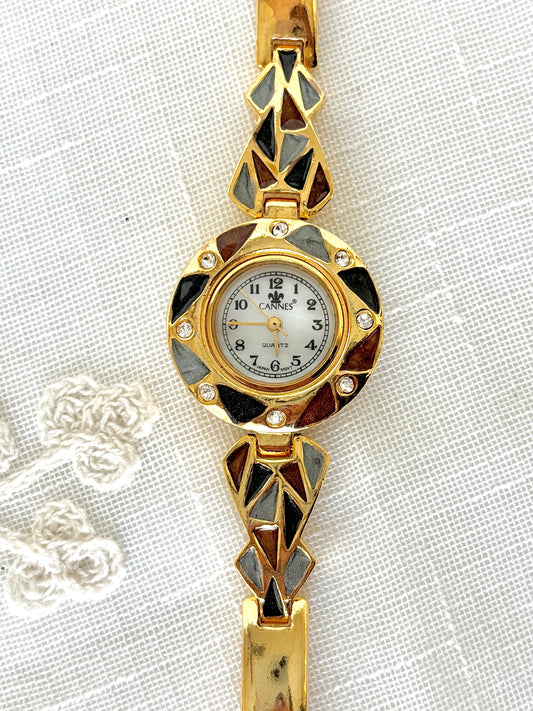 Cannes Vintage Enamel Rhinestone Gold Tone Quartz Watch