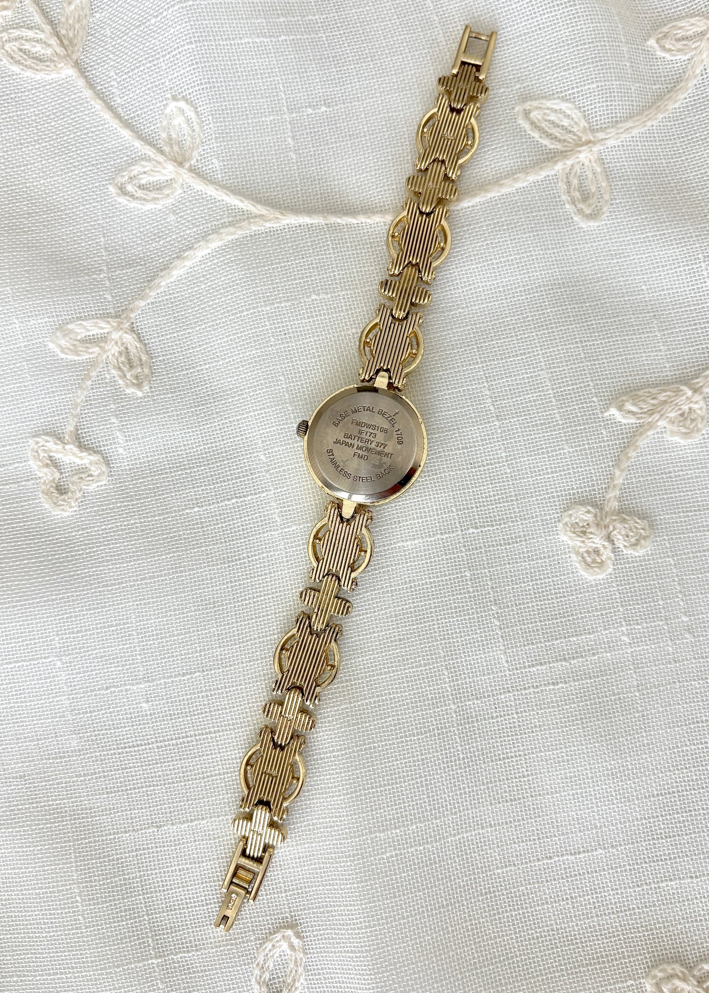 Gold Tone Rhinestone and Pearl Band Watch