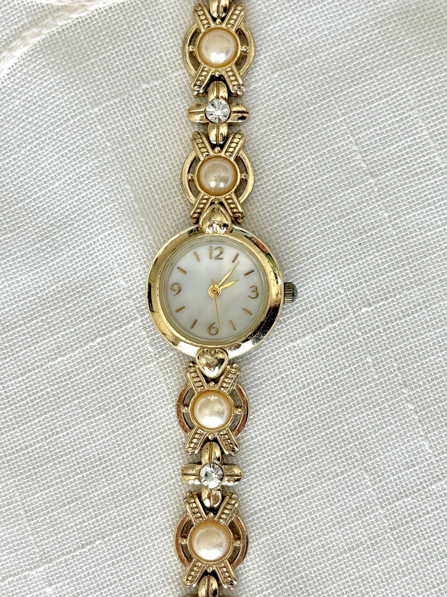 Gold Tone Rhinestone and Pearl Band Watch
