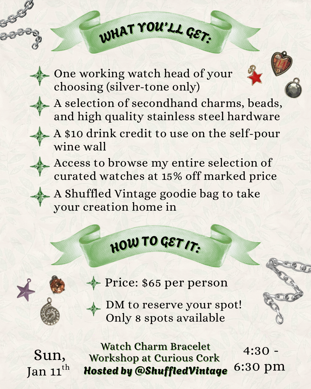 Upcycled Watch Charm Bracelet Workshop Reservation: Jan. 11th