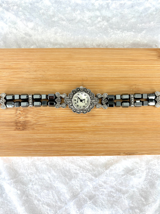 Hematite Beaded Marcasite Watch Choker - Geneva