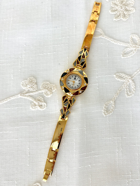 Cannes Vintage Enamel Rhinestone Gold Tone Quartz Watch