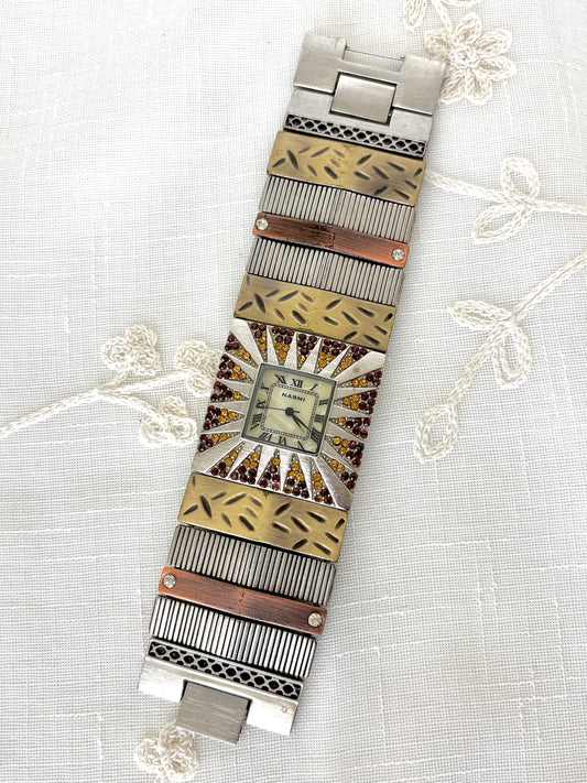 Narmi Tri-tone Rhinestone Bracelet Cuff Watch