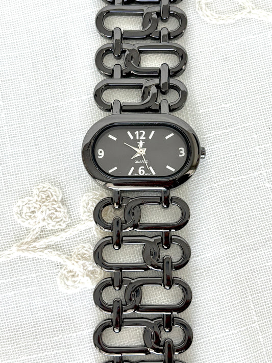 Fleur De Lis Gunmetal Tone Thick Link Band Quartz Watch