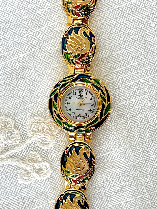 Cannes Vintage Enamel Gold Tone Swan Motif Band Quartz Watch