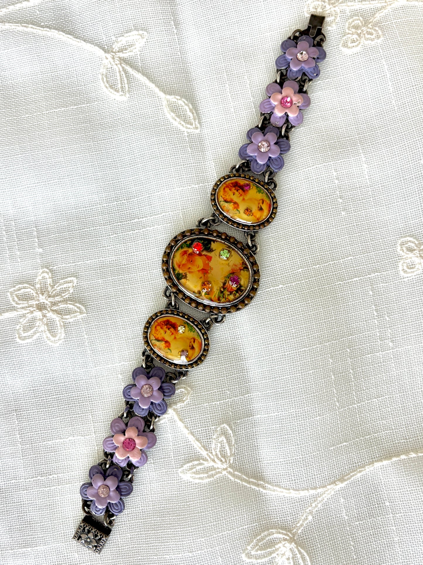 Vintage MX Michael Morrison Cherub Flower/Rhinestone Bracelet