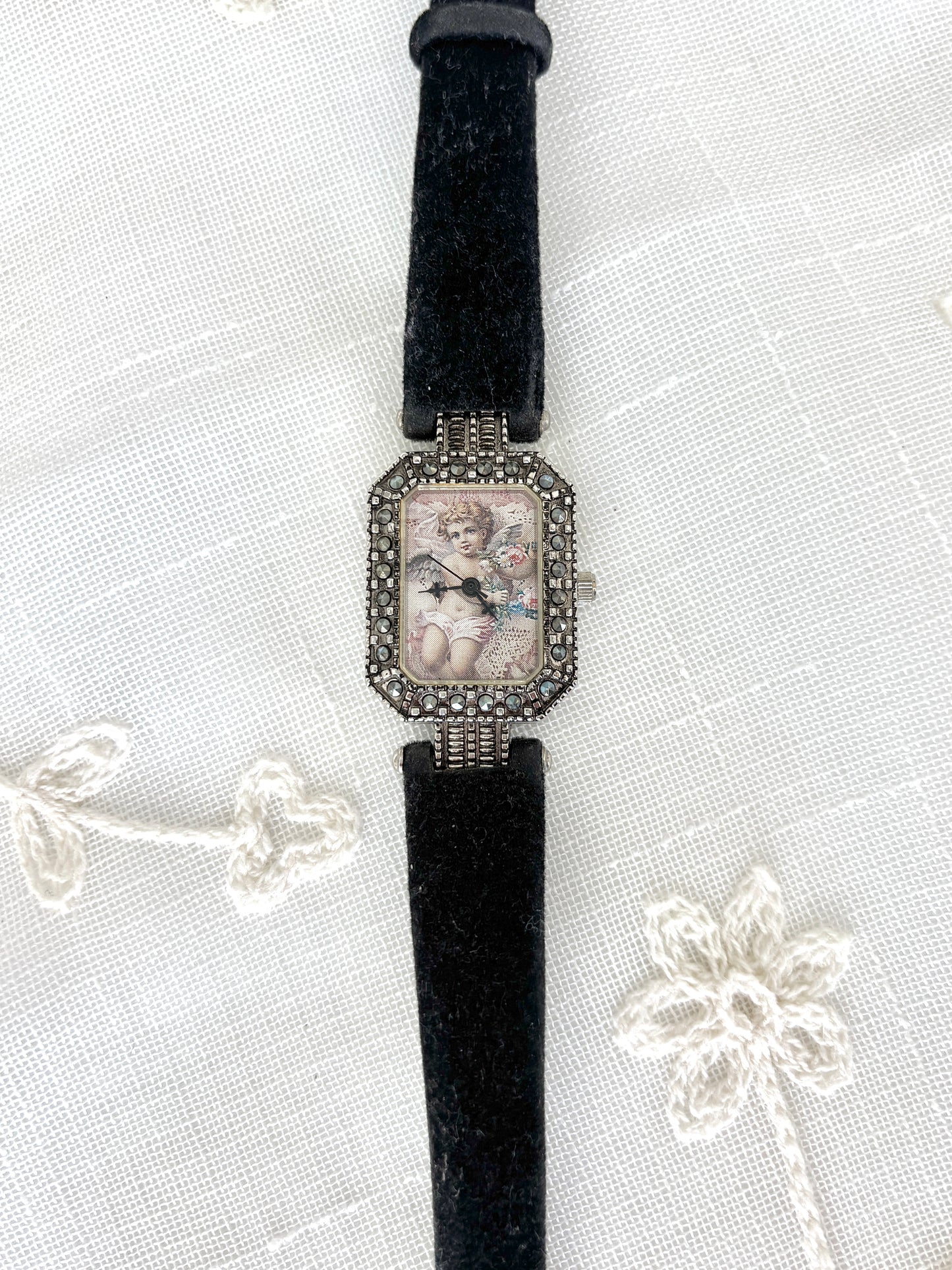 Ornate Pastel Cherub Black Band Watch