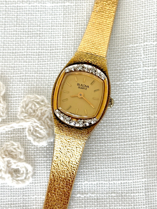 Vintage Bulova Dainty Gold Tone Textured Band & Diamond Bezel Quartz Watch