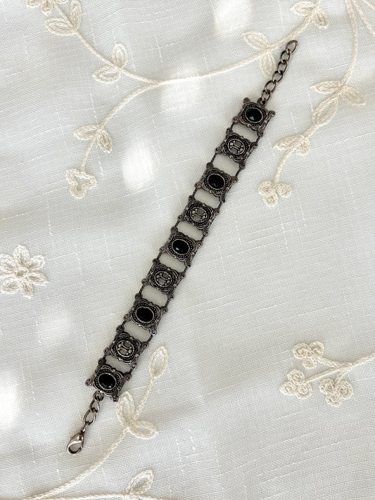 Vintage Black Enamel Silver Tone Ornate Bracelet