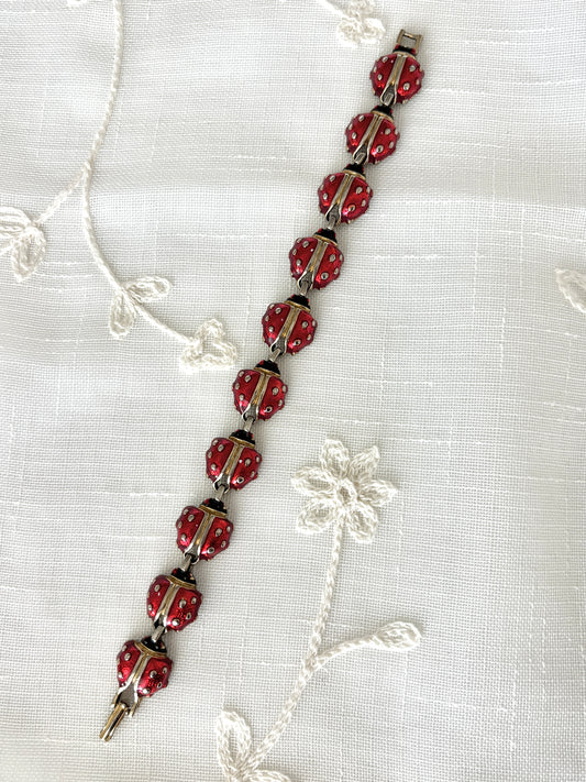 Gold Tone Enamel Lady Bug Bracelet