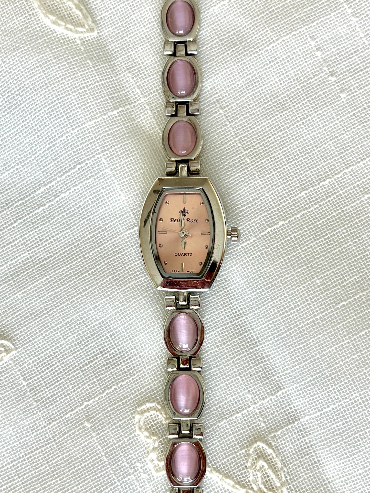 Pink Cat's Eye Band Bell Rose Silver Watch