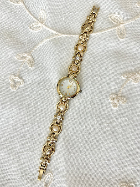 Gold Tone Rhinestone and Pearl Band Watch