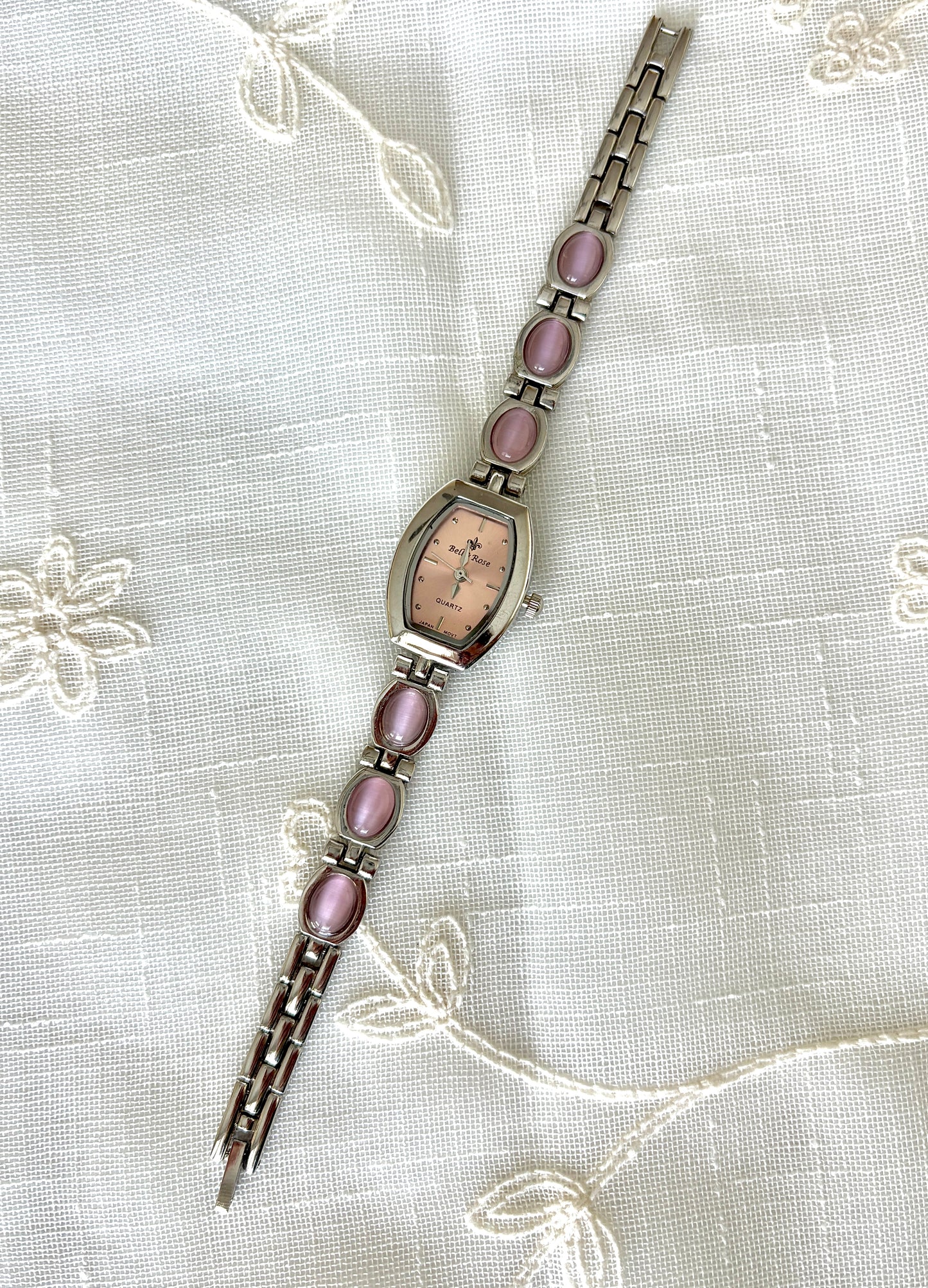 Pink Cat's Eye Band Bell Rose Silver Watch