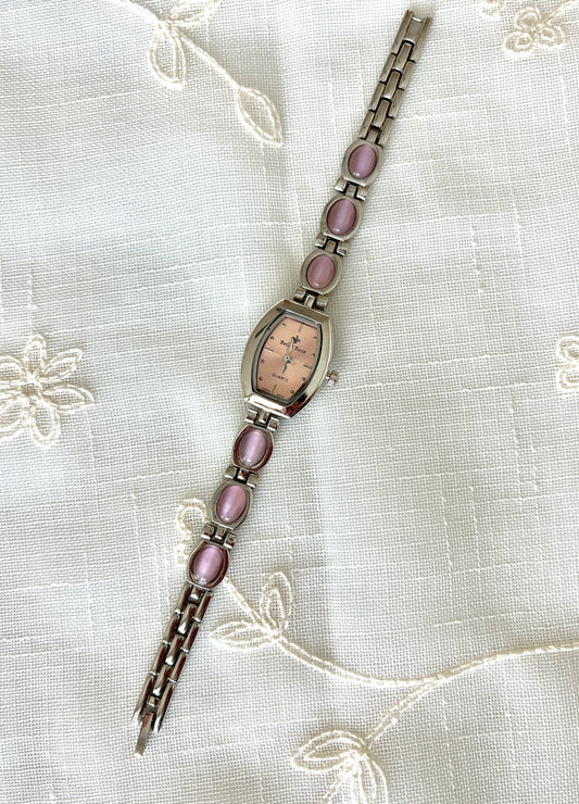 Pink Cat's Eye Band Bell Rose Silver Watch