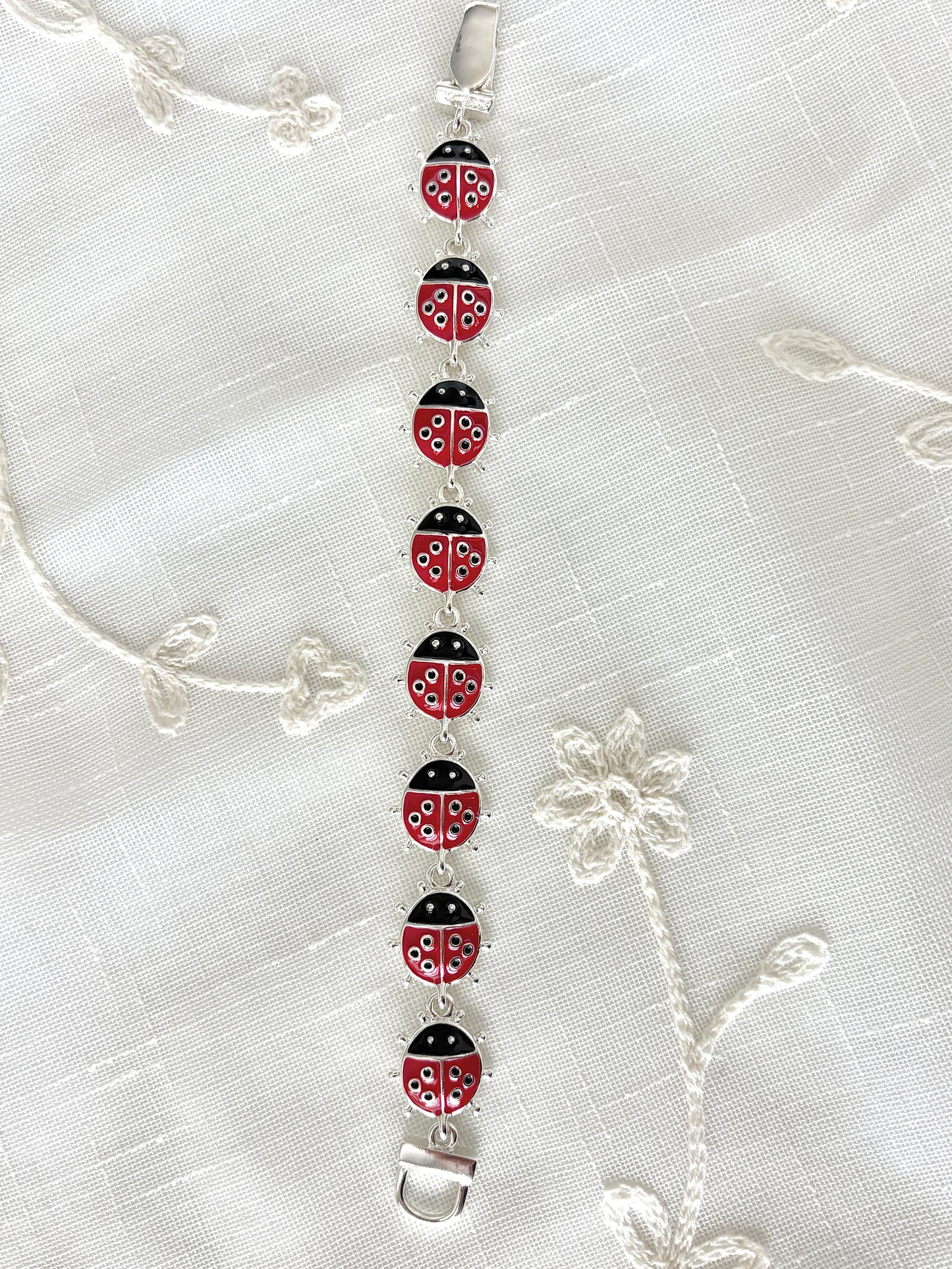 Silver Tone Enamel Lady Bug Bracelet
