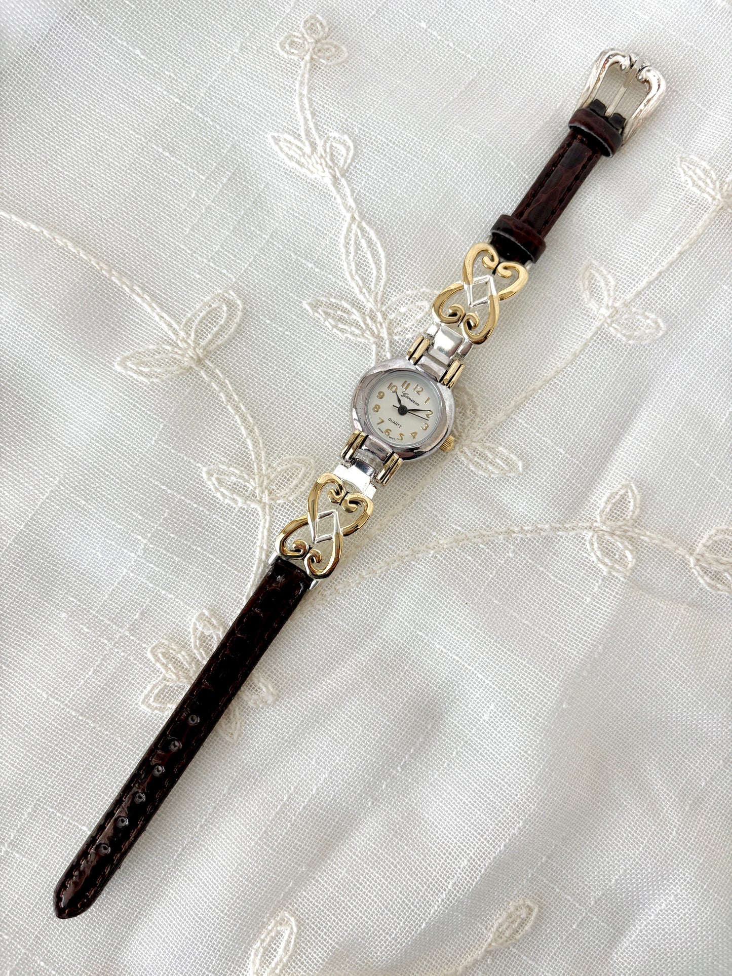 Geneva Two Tone Ornate Buckle Strap Watch