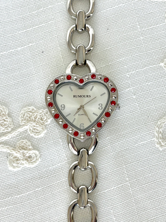 Rumours Heartshaped Rhinestone Bezel Chain Band Quartz Watch