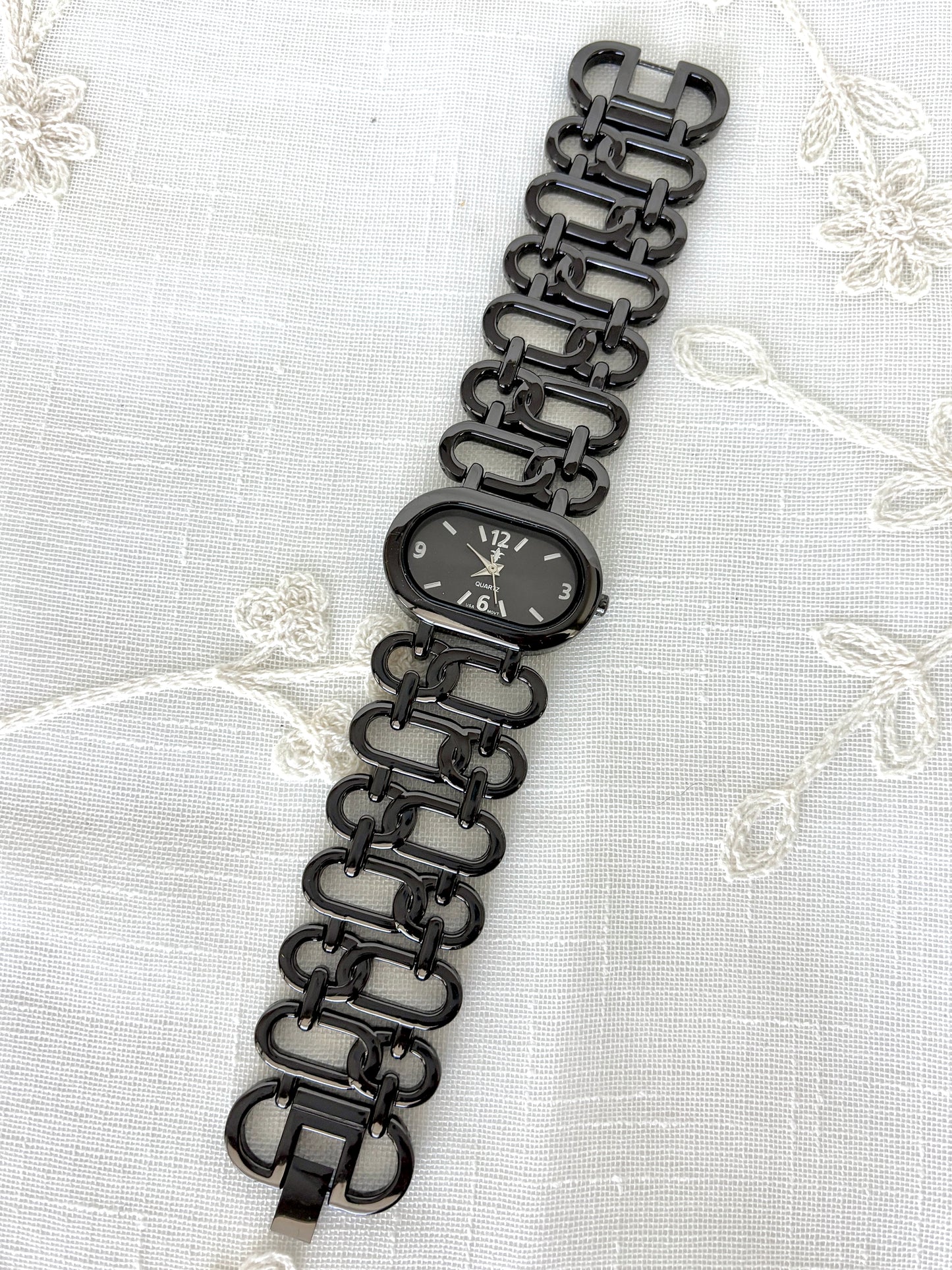 Fleur De Lis Gunmetal Tone Thick Link Band Quartz Watch