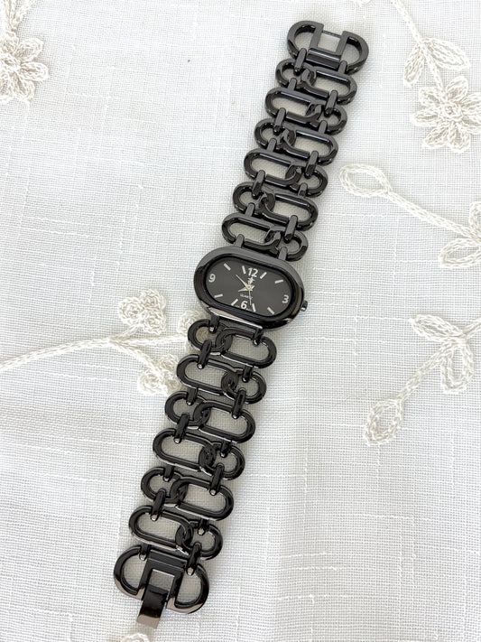 Fleur De Lis Gunmetal Tone Thick Link Band Quartz Watch