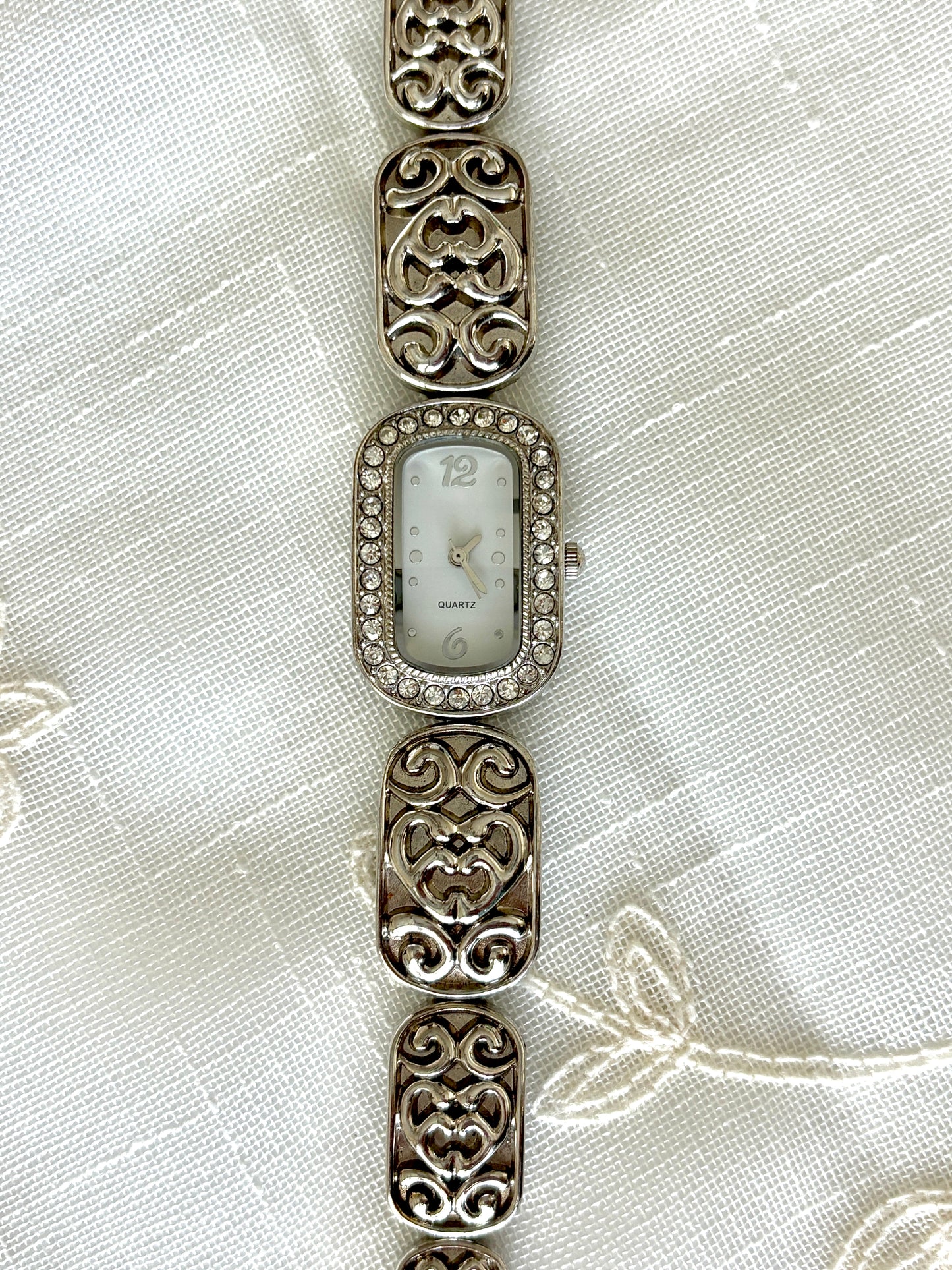 Silver Ornate Band Rhinestone Quartz Watch