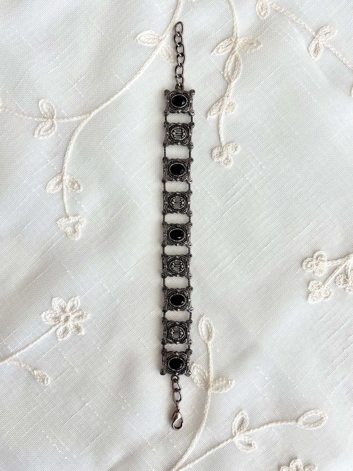 Vintage Black Enamel Silver Tone Ornate Bracelet