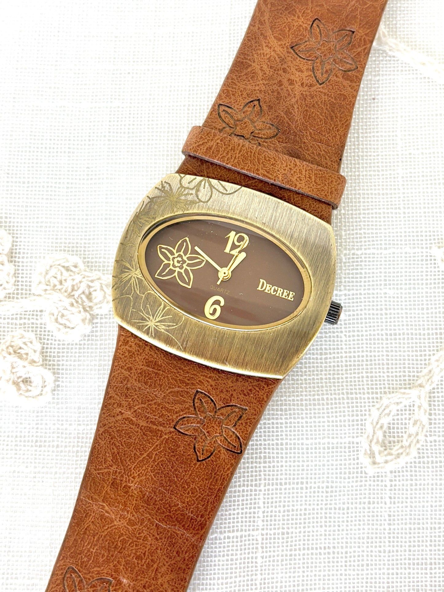Floral Bronze & Etched Leather Band Decree Watch