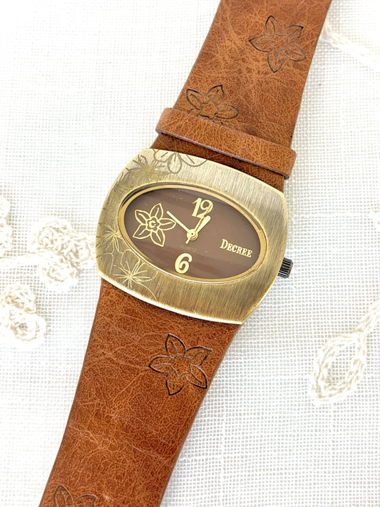 Floral Bronze & Etched Leather Band Decree Watch