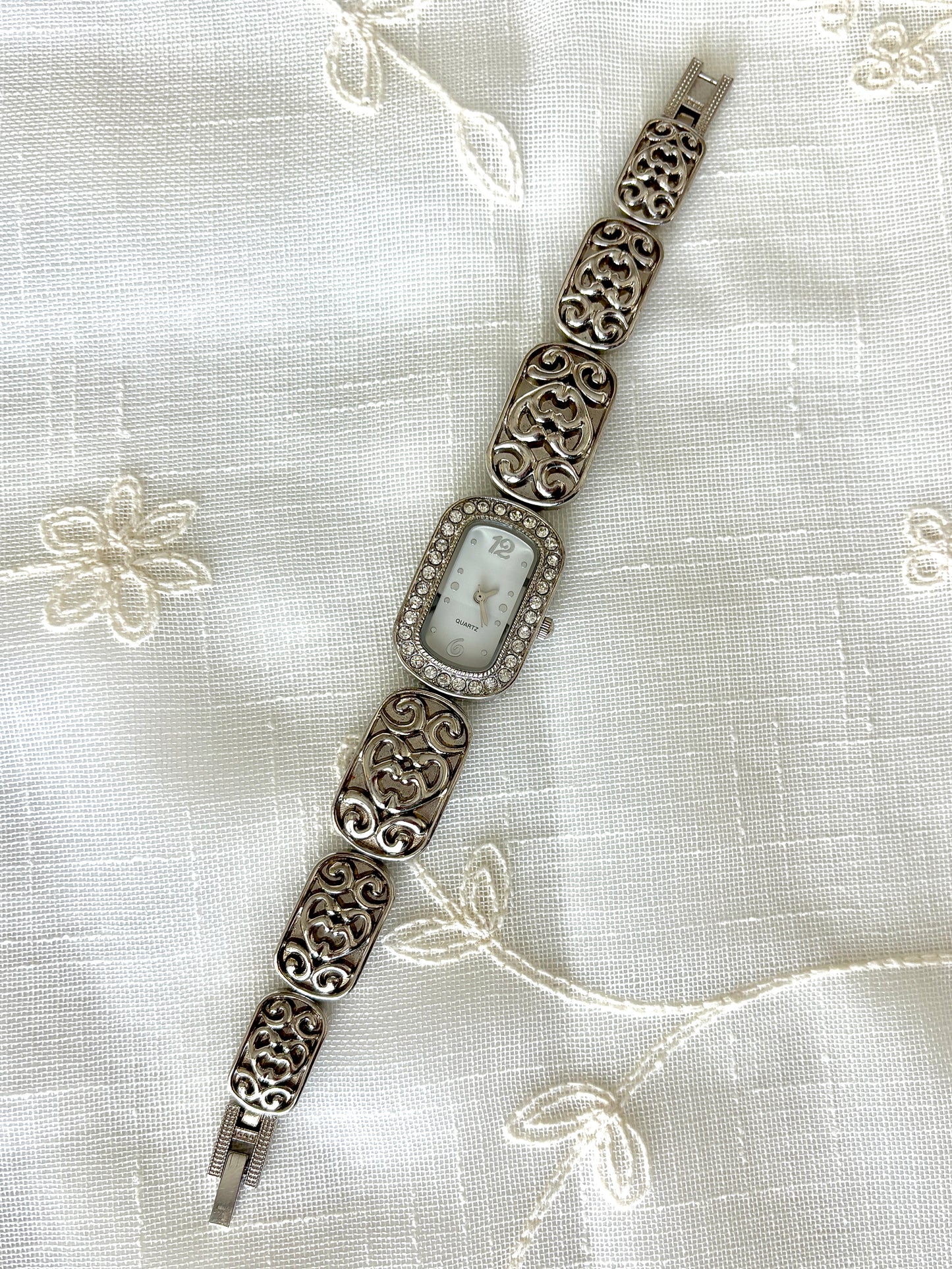 Silver Ornate Band Rhinestone Quartz Watch