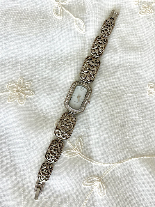 Silver Ornate Band Rhinestone Quartz Watch
