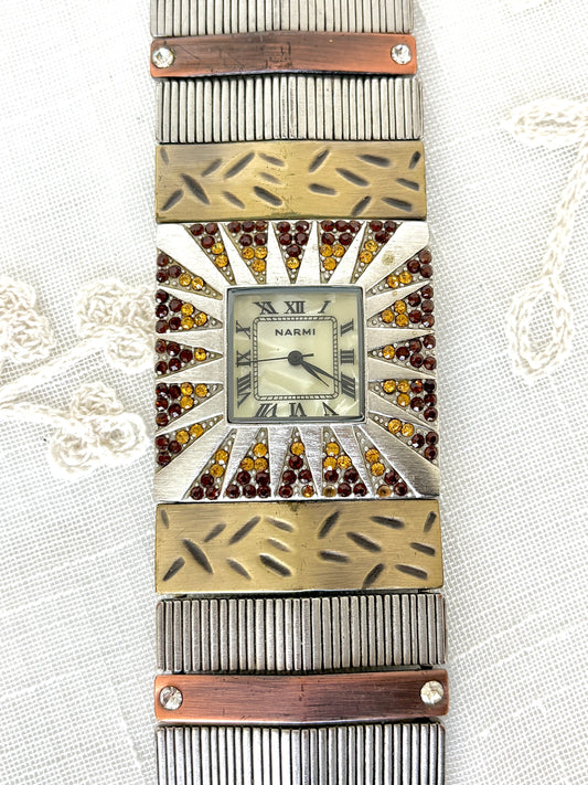 Narmi Tri-tone Rhinestone Bracelet Cuff Watch