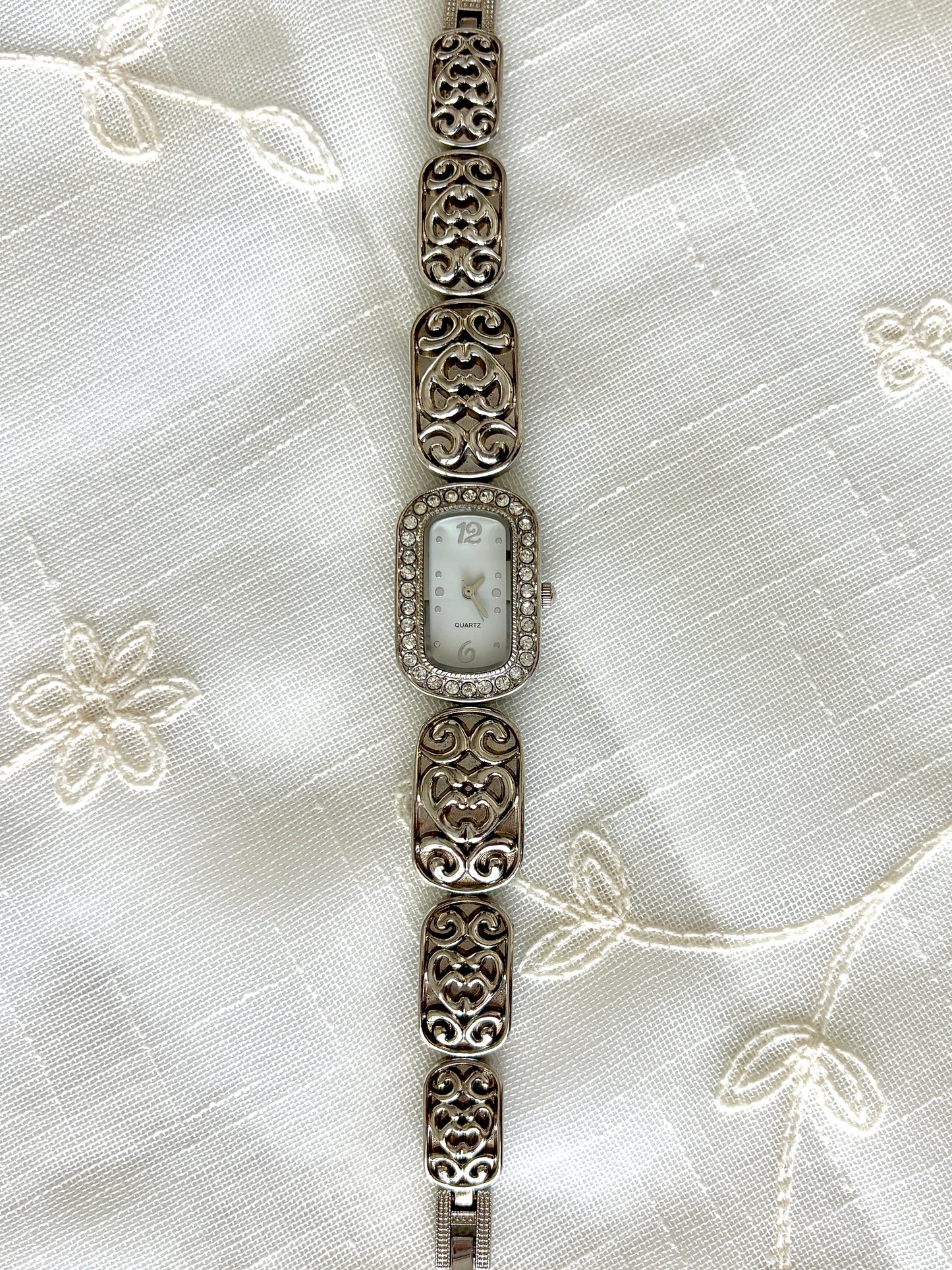 Silver Ornate Band Rhinestone Quartz Watch