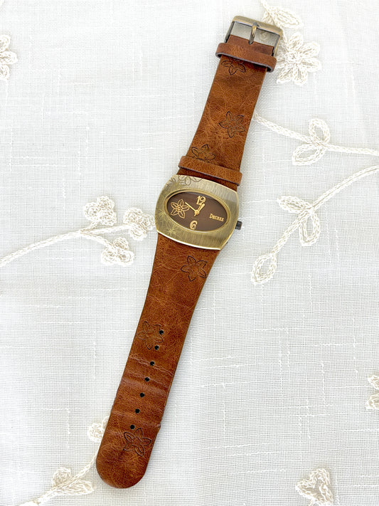 Floral Bronze & Etched Leather Band Decree Watch
