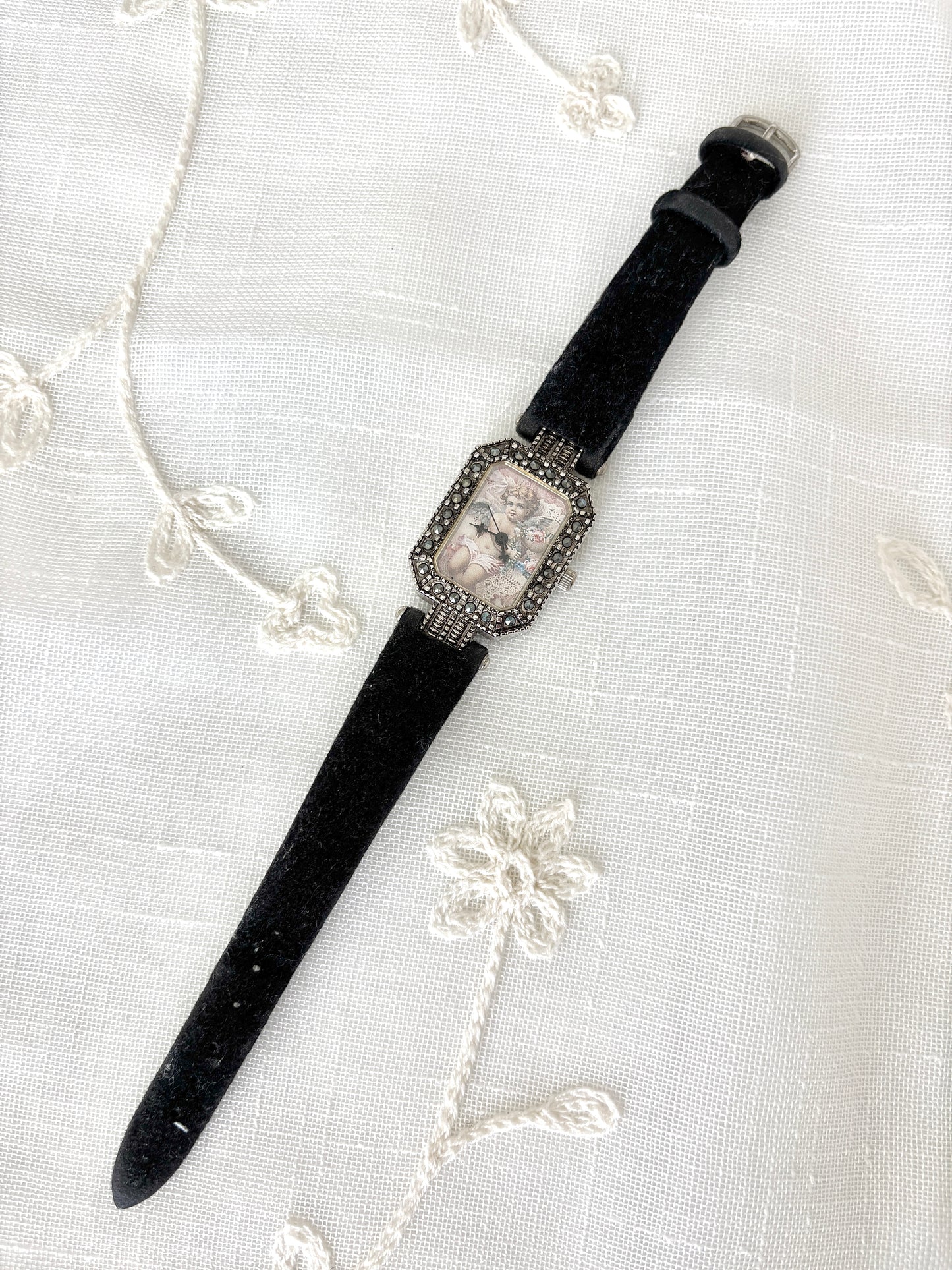 Ornate Pastel Cherub Black Band Watch