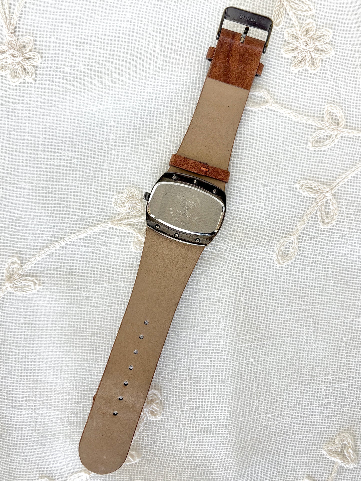 Floral Bronze & Etched Leather Band Decree Watch
