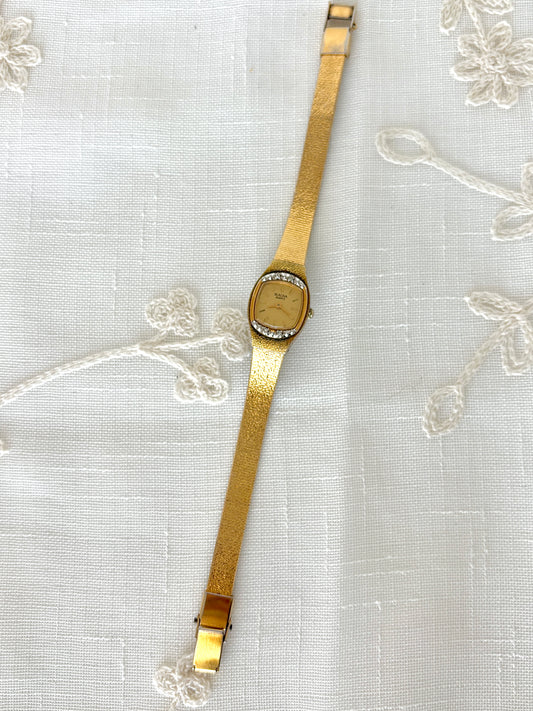 Vintage Bulova Dainty Gold Tone Textured Band & Diamond Bezel Quartz Watch