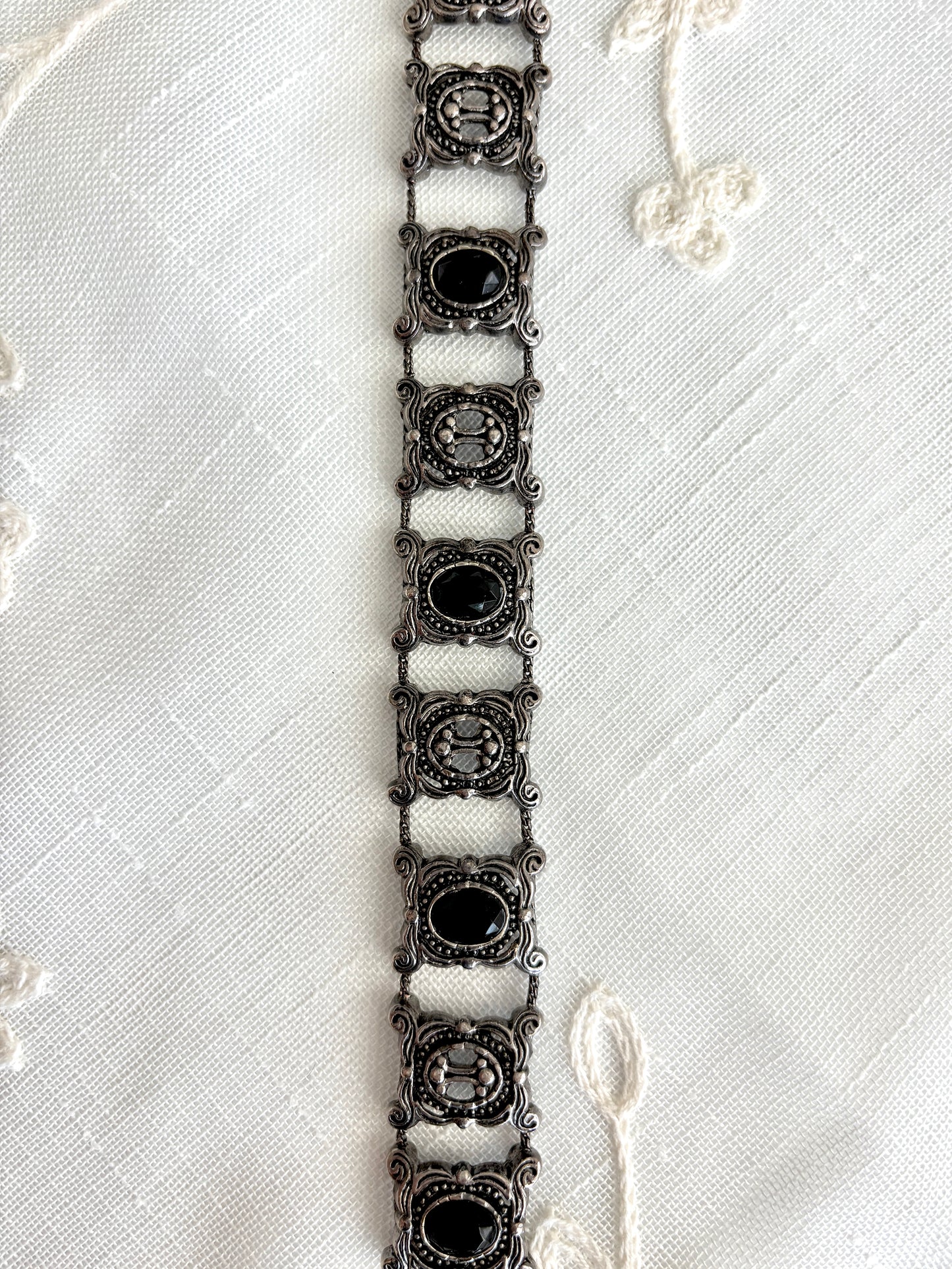 Vintage Black Enamel Silver Tone Ornate Bracelet