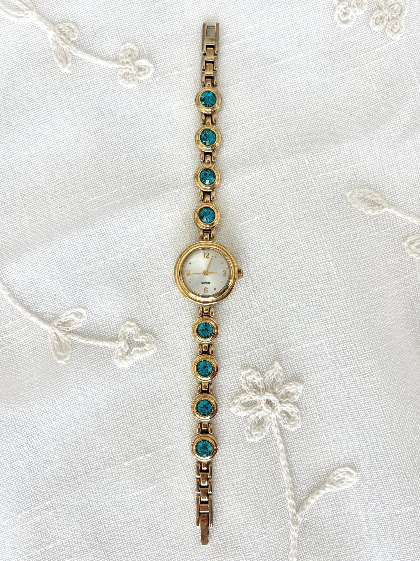 Teal Blue Rhinestone Goldtone Quartz Watch