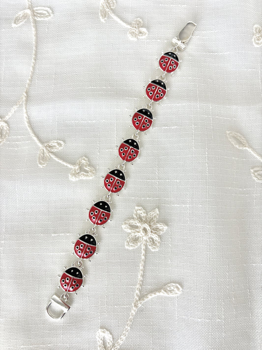 Silver Tone Enamel Lady Bug Bracelet