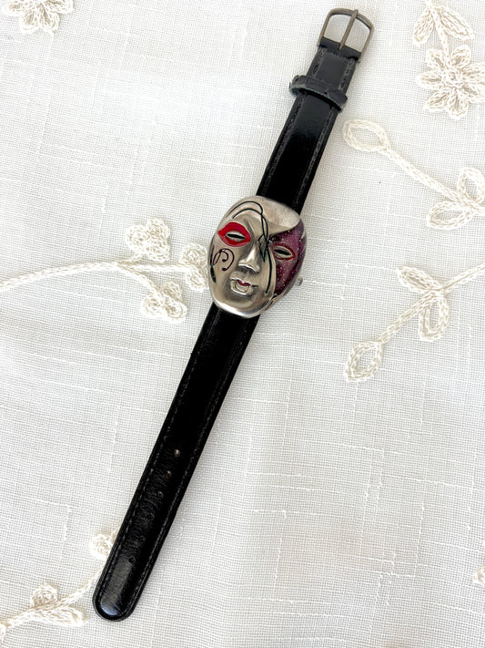 Vintage Ronica Drama Mask Peek-a-Boo Leather Band Quartz Watch