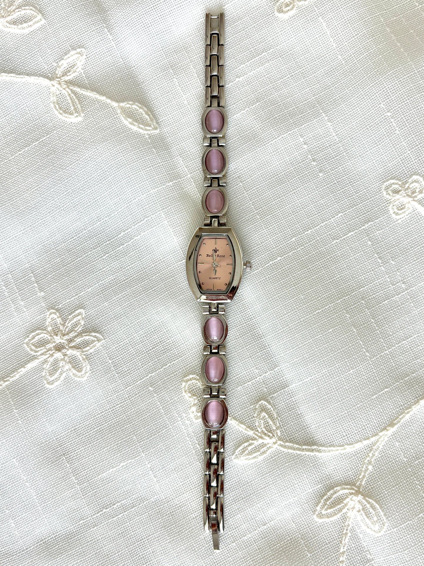 Pink Cat's Eye Band Bell Rose Silver Watch