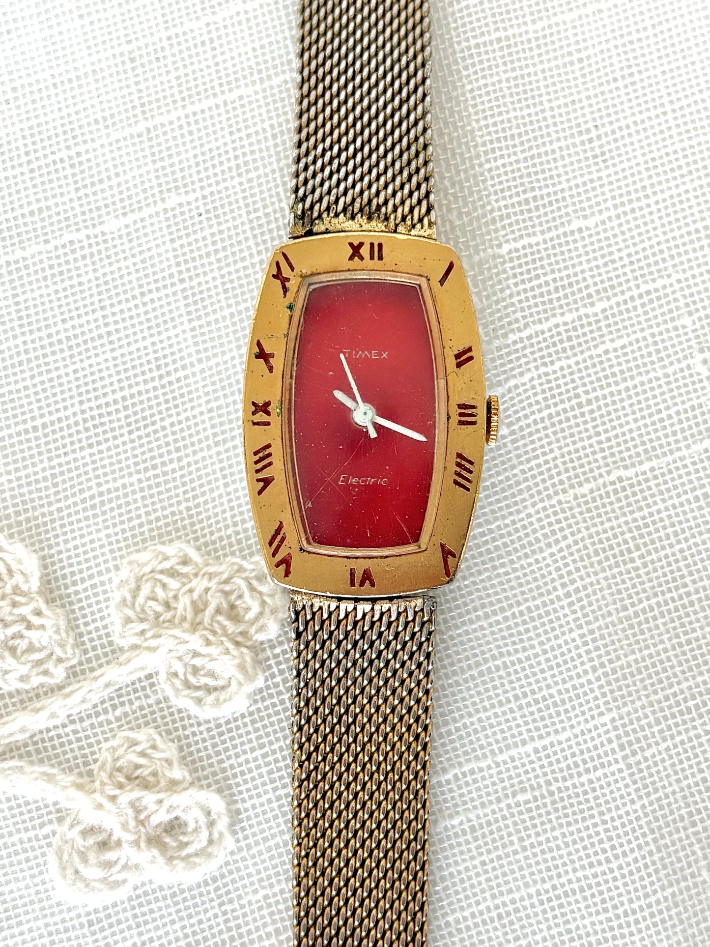 Timex Electric Gold Tone & Red Enamel / Face Mesh Band Watch