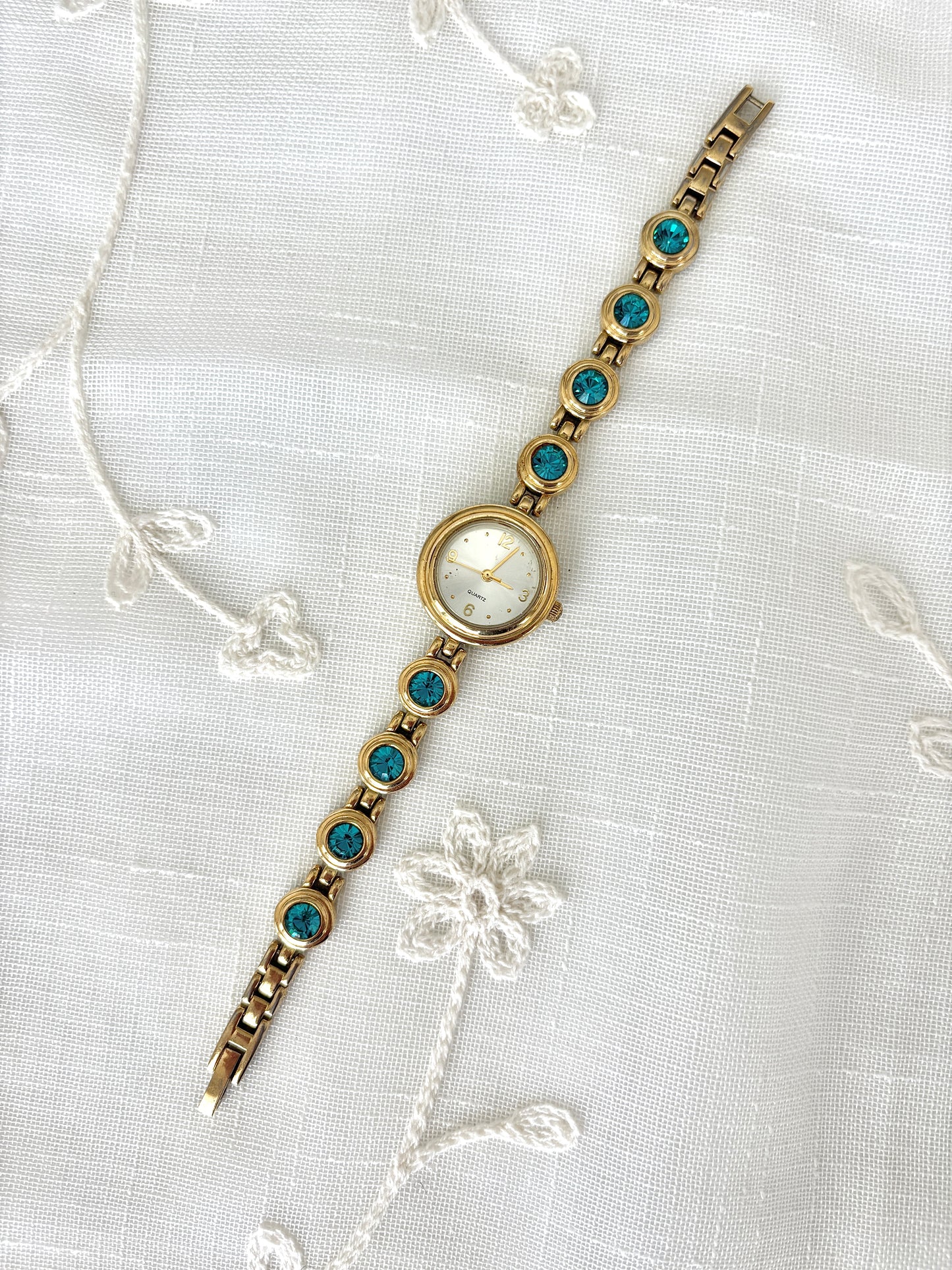 Teal Blue Rhinestone Goldtone Quartz Watch