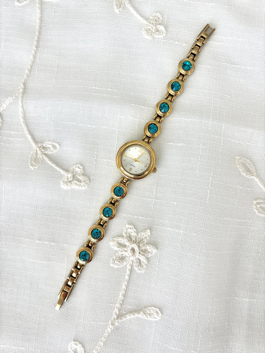 Teal Blue Rhinestone Goldtone Quartz Watch