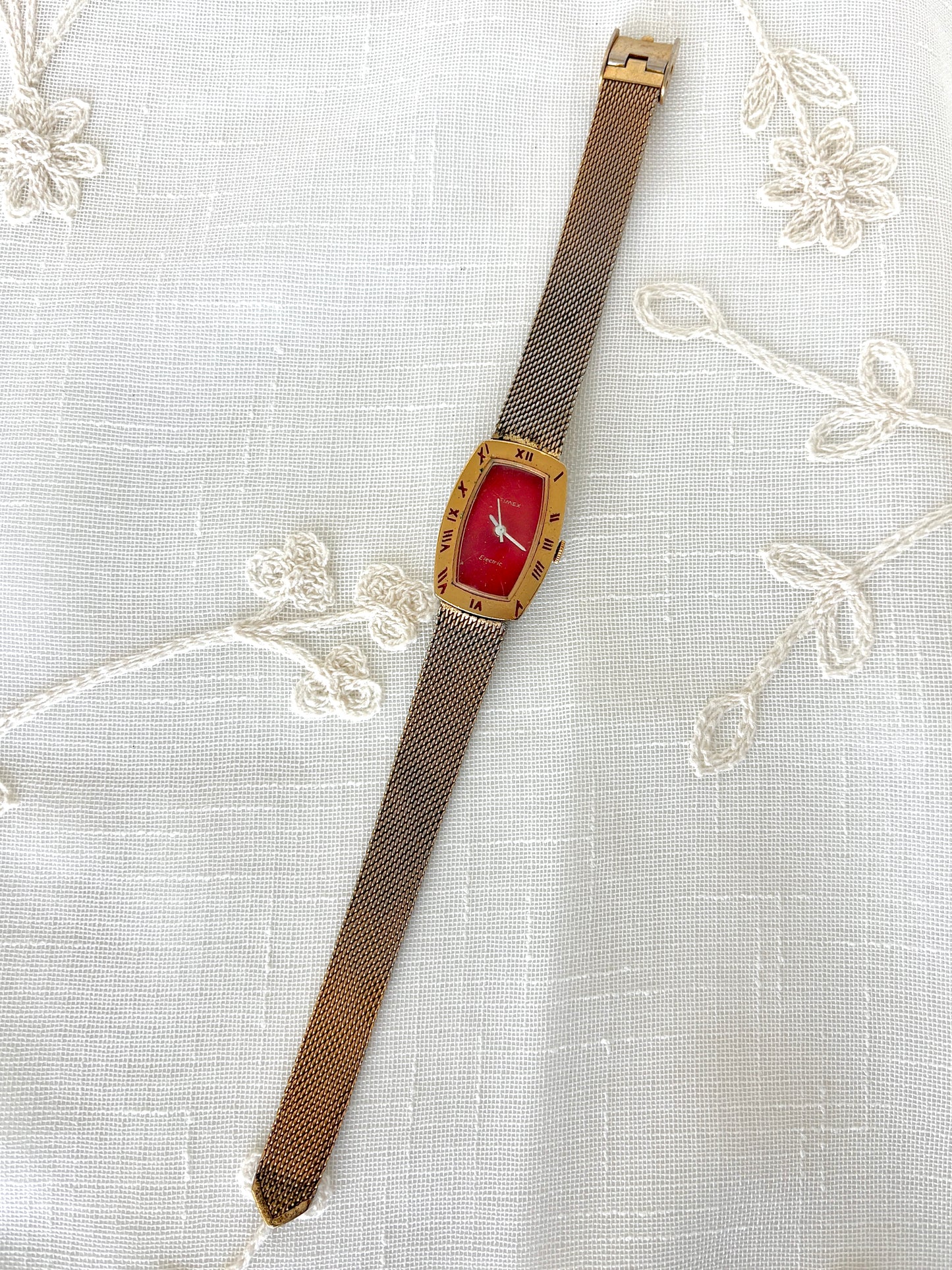 Timex Electric Gold Tone & Red Enamel / Face Mesh Band Watch