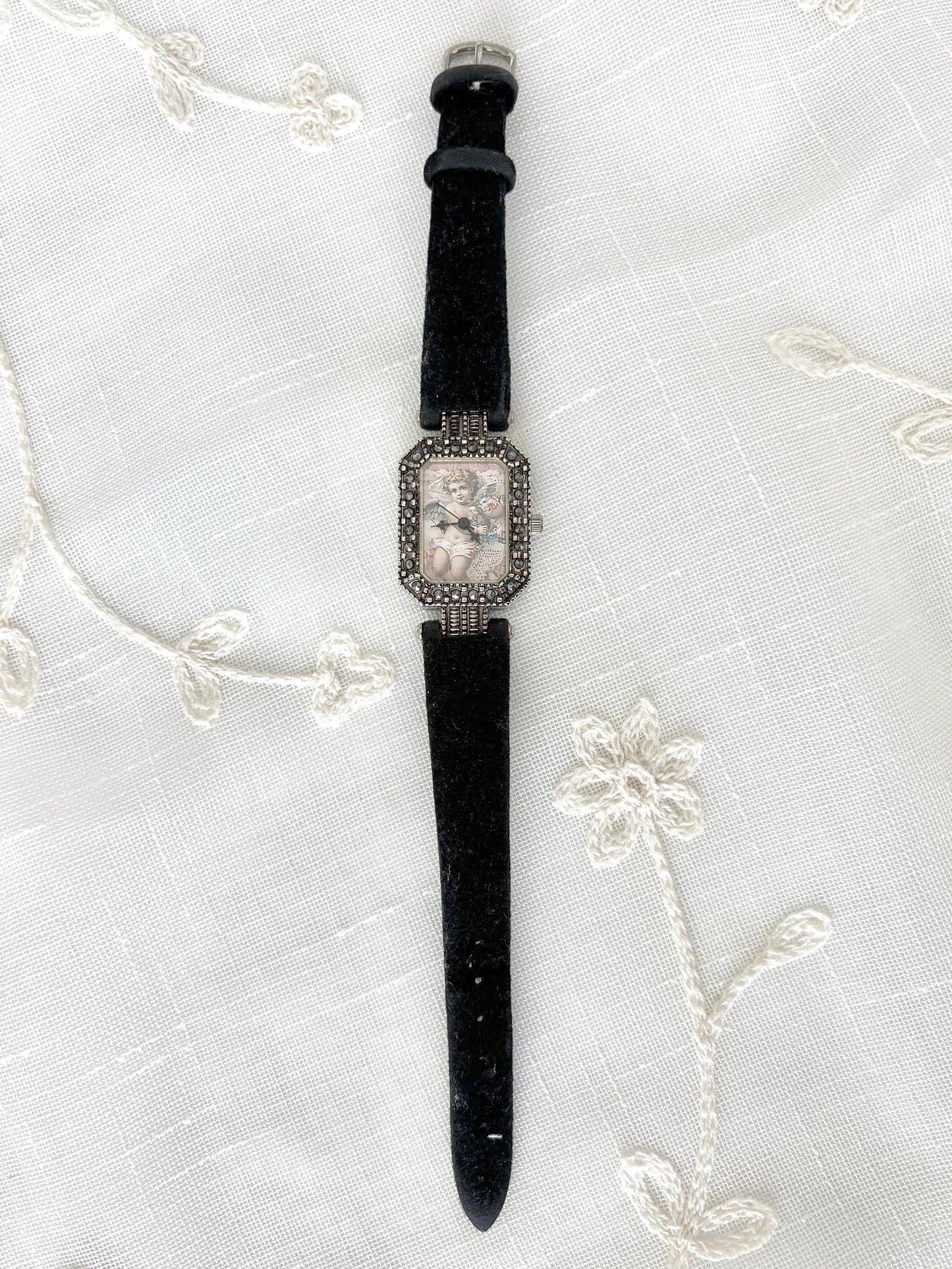 Ornate Pastel Cherub Black Band Watch